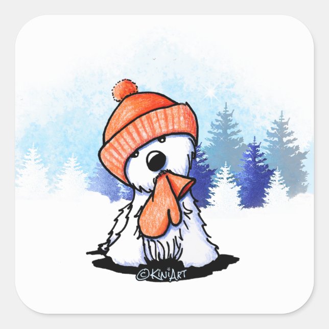 KiniArt Orange Winter Westie Quadratischer Aufkleber (Vorderseite)