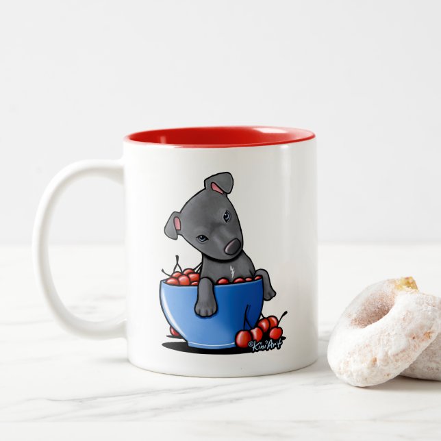 KiniArt Pitbull Welpe Zwei-Tone-Kaffee-Tasse Zweifarbige Tasse (Mit Donut)