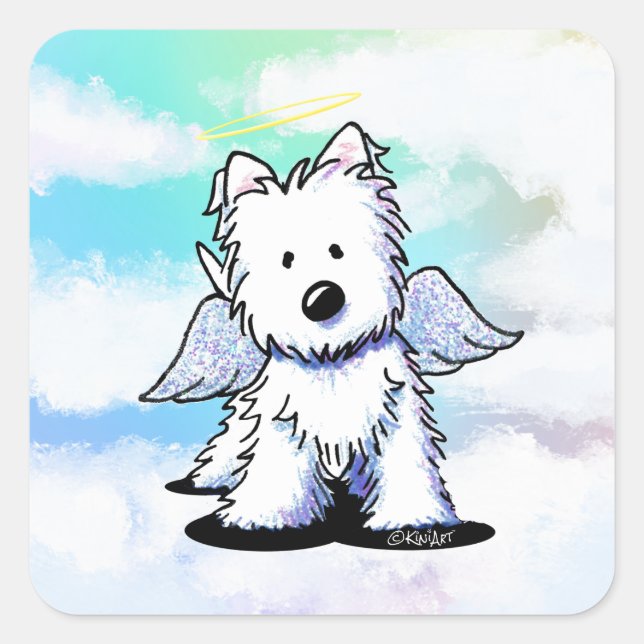 KiniArt Westie Angel Rainbow Quadratischer Aufkleber (Vorderseite)