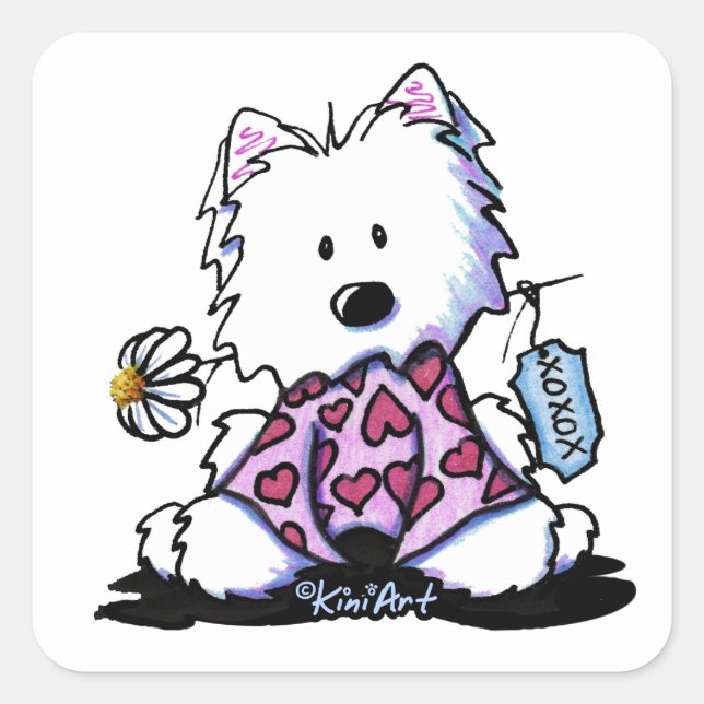 KiniArt Westie Blume XOX Quadratischer Aufkleber (Vorderseite)