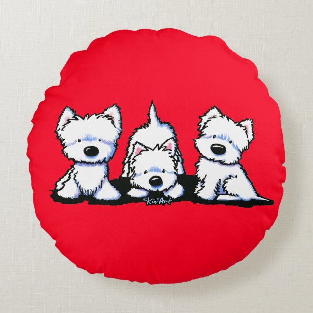 KiniArt Westie Trio Runder Pillow Rundes Kissen (Vorderseite)