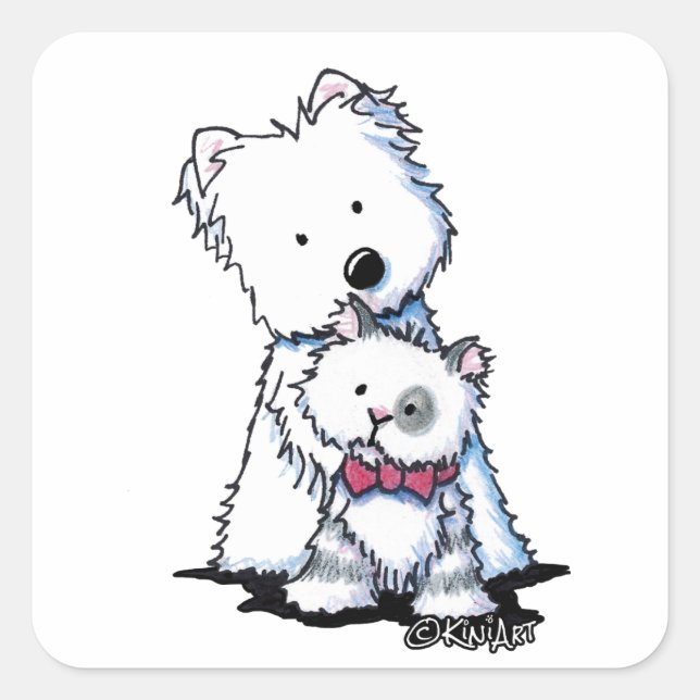 KiniArt Westie und Tilly Cat Quadratischer Aufkleber (Vorderseite)