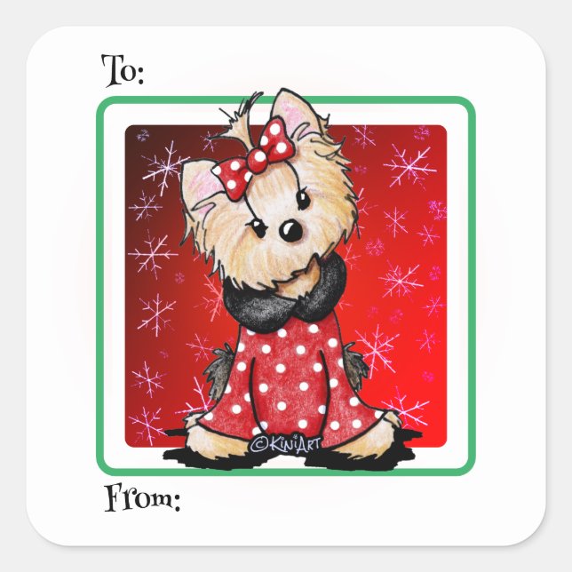 KiniArt Yorkie Weihnachten Quadratischer Aufkleber (Vorderseite)