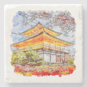 Kinkakuji Temple Japan HandDrawn Wasserfarbsketch Steinuntersetzer