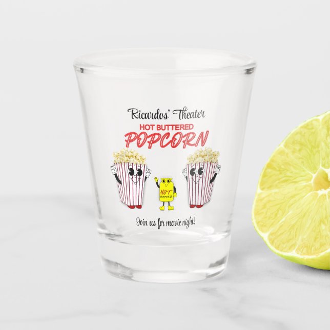 Kino-Spaß Popcorn Mascots Schnapsglas (Vorderseite)