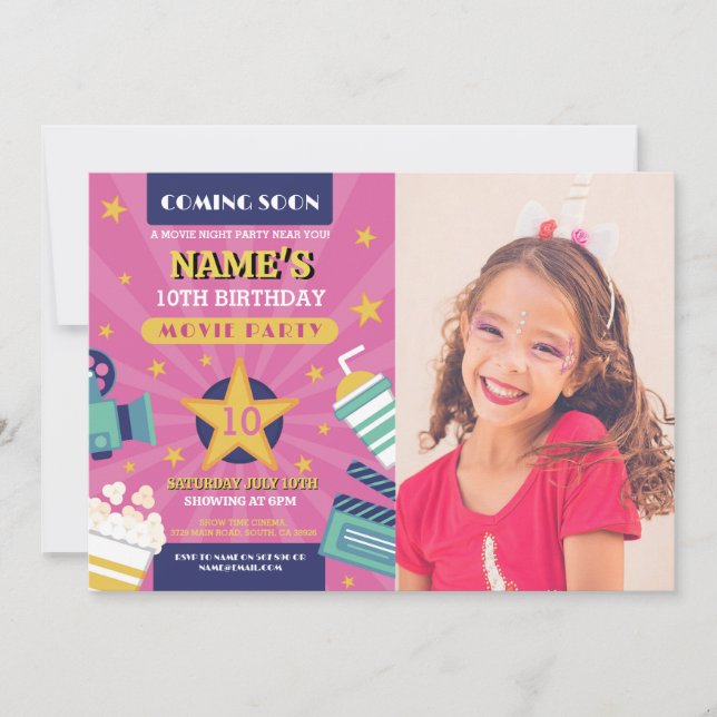 Kinoabend Geburtstagsparty Foto Pink Einladung (Vorderseite)