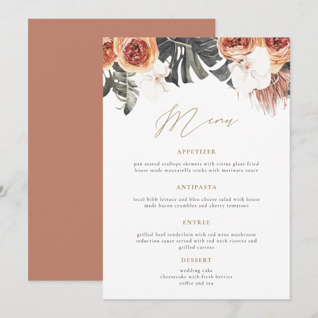 KINSLEY Boho Terracotta Floral Mariage Dîner Menu (Devant / Derrière)