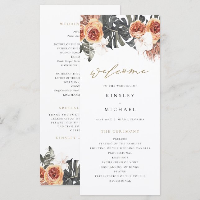 KINSLEY Boho Terracotta Floral Wedding Program Menükarte (Vorne/Hinten)
