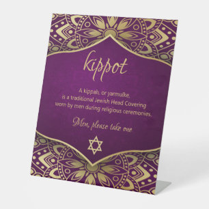 Kippah Yarmulke Table Sign Gold Mandala auf Lila Sockelschild