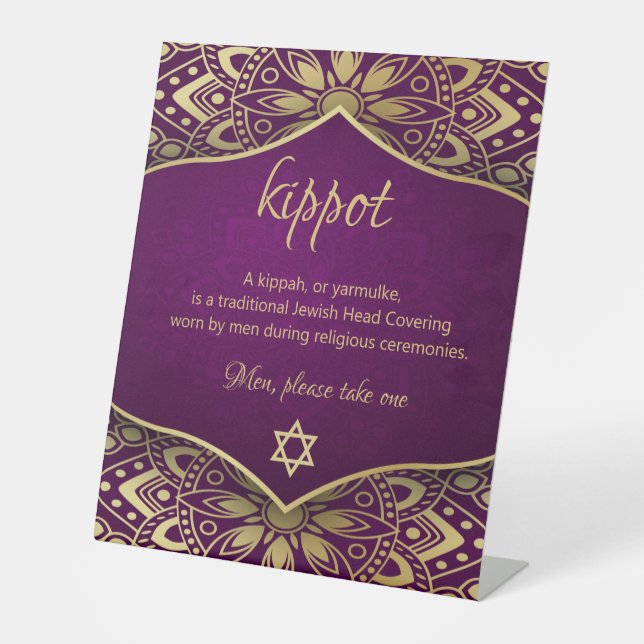 Kippah Yarmulke Table Sign Gold Mandala auf Lila Sockelschild (Vorderseite)