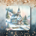 Kirche am Schneewintertag | Christmas Quadratischer Aufkleber<br><div class="desc">Aquarellkirche mit zwei hübschen Kreuzen auf einer schneebedeckten Weihnachtskarte. Hübsche Umschlagsiegeler für Weihnachtskarten.</div>