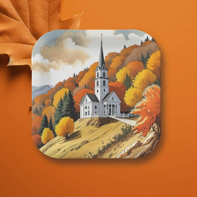 Kirche auf einem Hügel im Herbst Pappteller (Von Creator hochgeladen)