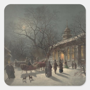 Kirche auf Weihnachtsabend Quadratischer Aufkleber