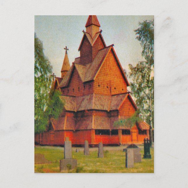 Kirche Heddel Stave, Telmark, Vintages Norwegen Postkarte (Vorderseite)