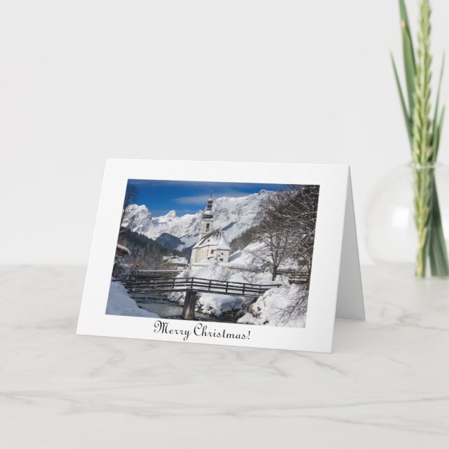 Kirche im Schnee mit den Alpen Weihnachten Karte (Vorderseite)