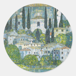 Kirche in Cassone von Gustav Klimt Runder Aufkleber