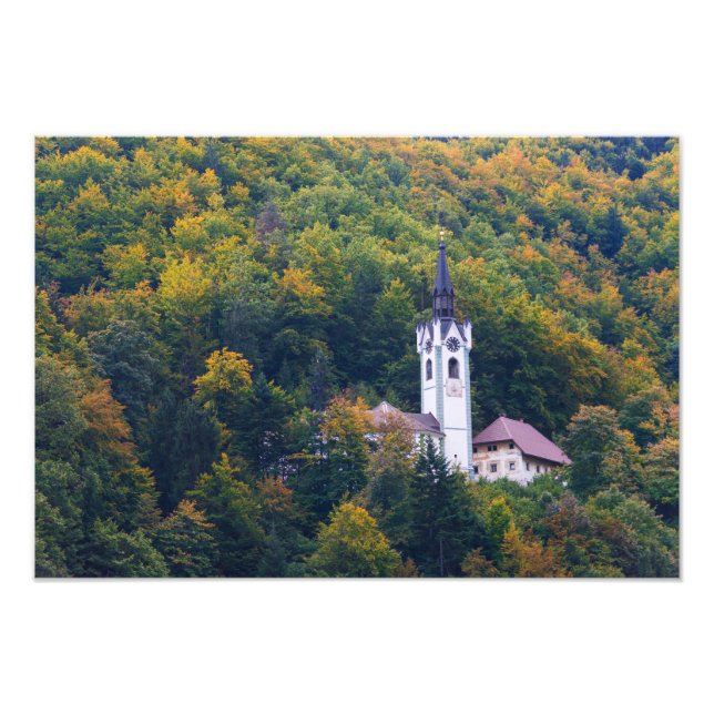 Kirche in einem Regenwald in Slowenien Fotodruck (Vorne)