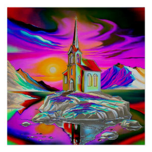 Kirche in psychedelischer Landschaft 1 Poster