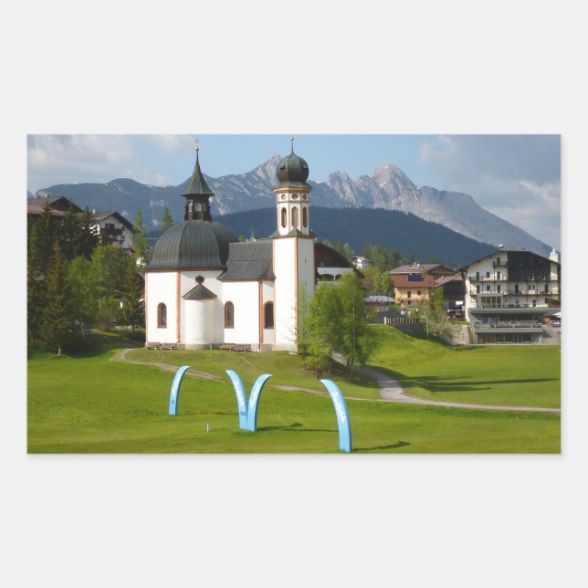 Kirche in Seefeld, Österreich, rechteckiger Aufkle Rechteckiger Aufkleber (Vorderseite)
