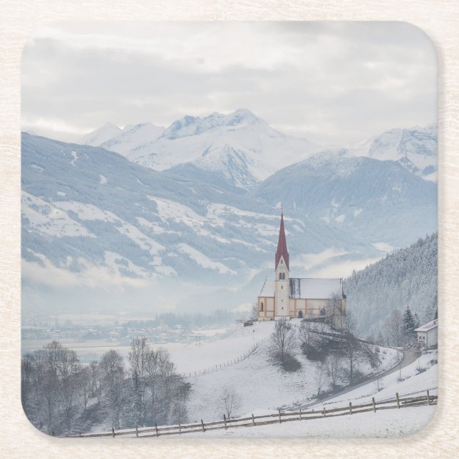 Kirche in Zillertal im Winter-Untersetzer Rechteckiger Pappuntersetzer (Vorderseite)