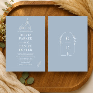 Kirche Kapelle Dusty Blue Linien Kunst Hochzeit Einladung