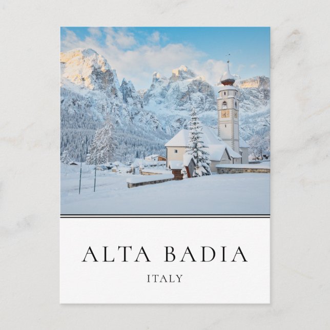 Kirche mit Dolomiten im Winter in Alta Badia Postkarte (Vorderseite)