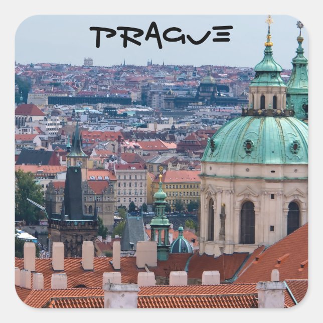 Kirche St. Nicolas und Dächer von Prag Quadratischer Aufkleber (Vorderseite)