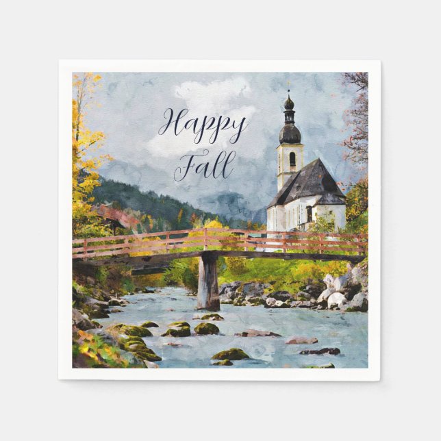 Kirche und Bäume mit individualisiertem Text Serviette (Vorderseite)