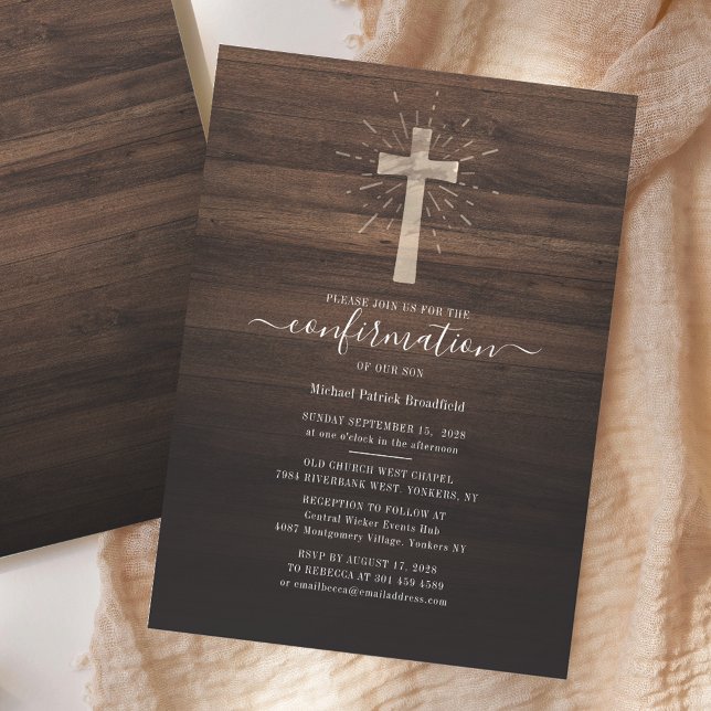 Kirchengemeinde Kreuzrustikales Holz Einladung (Rustic Wood Background Script Confirmation Invitation)