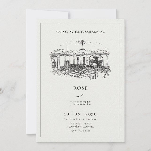 Kirchenhochzeit in Schwarz-Weiß-Weiß Einladung (Vorderseite)