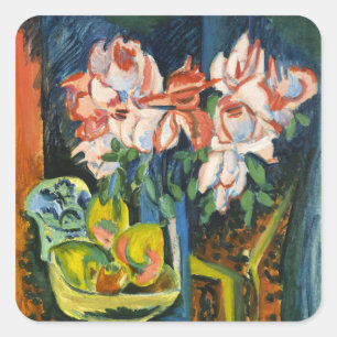 Kirchner Rosa Rosen Expressionistische Blumenkunst Quadratischer Aufkleber