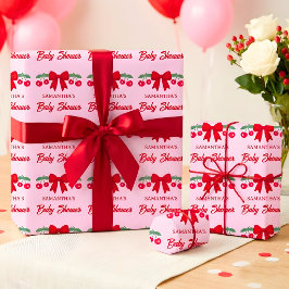Kirsch-Baby-Shower Rot kariert Schleife Geschenkpapier