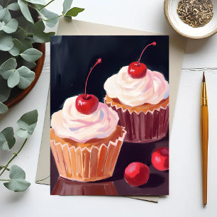 Kirsch-Cupcakes   Wasserfarbenes Feier-Gemälde Postkarte