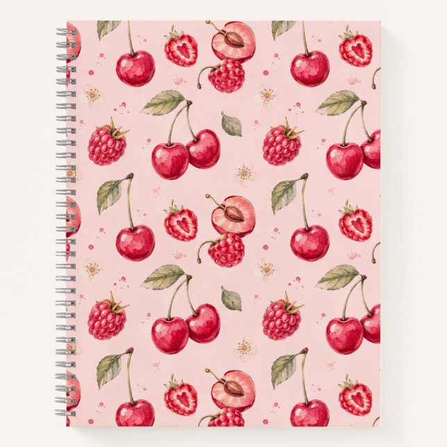 Kirsch-Rasberry-Wasserfarben-Fruchtmuster Notizbuch (Vorderseite)