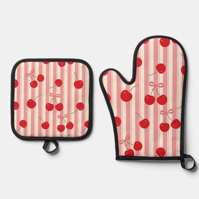 Kirschbandstreifen Ofenhandschuh & Topflappen-Set (Vorderseite)