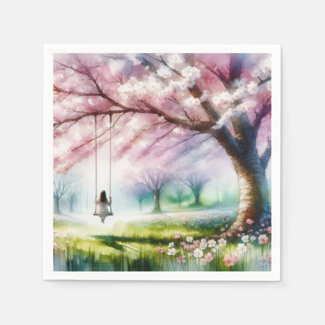 Kirschbaum mit Mädchen auf einer Schaukel Serviette (Vorderseite)