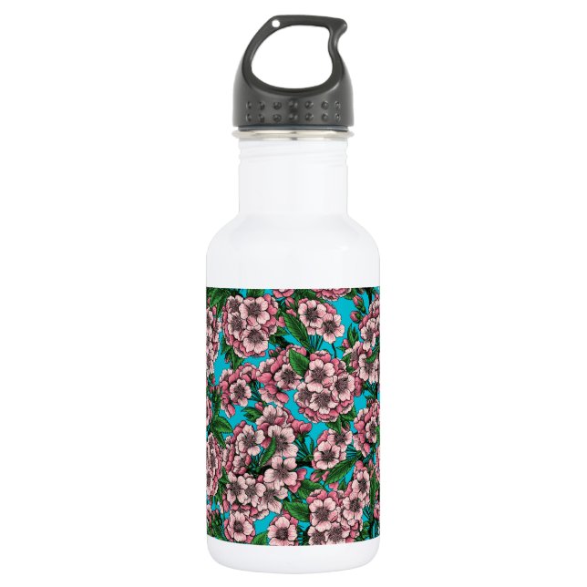 Kirschblüte auf blau edelstahlflasche (Vorderseite)