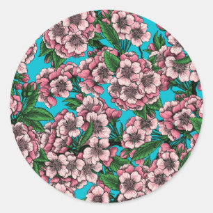 Kirschblüte auf blau runder aufkleber