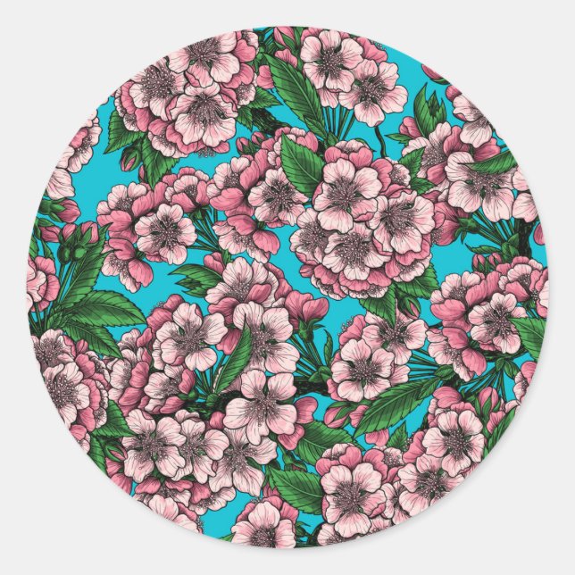 Kirschblüte auf blau runder aufkleber (Vorderseite)