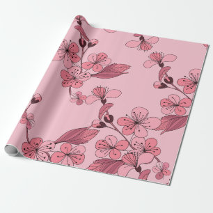 Kirschblüte in rosa Farbe auf weißem Hintergrund. Geschenkpapier