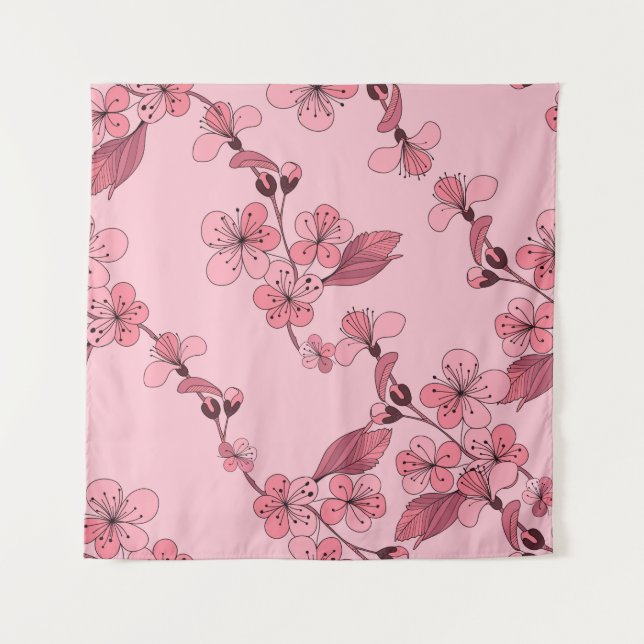 Kirschblüte in rosa Farbe auf weißem Hintergrund. Wandteppich (Vorderseite)