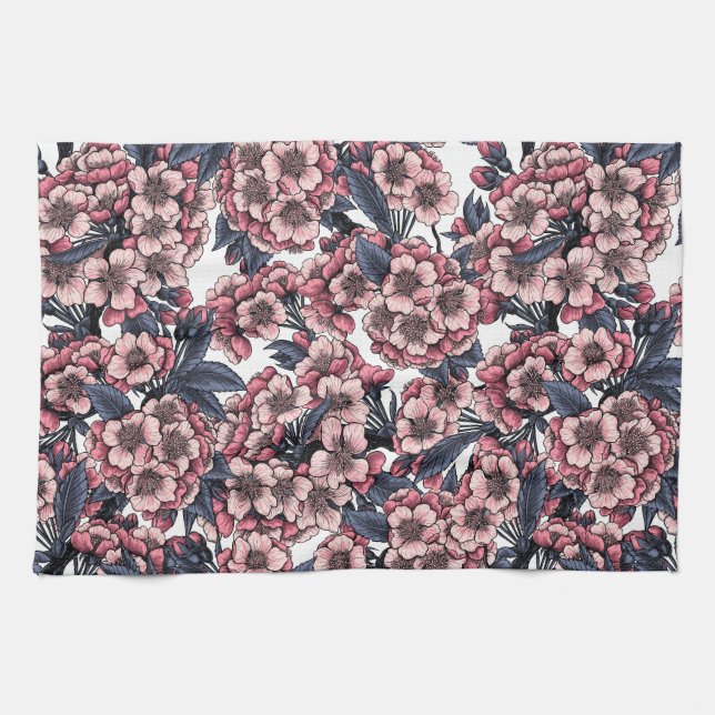 Kirschblüte in Rosa und Blau Geschirrtuch (Horizontal)