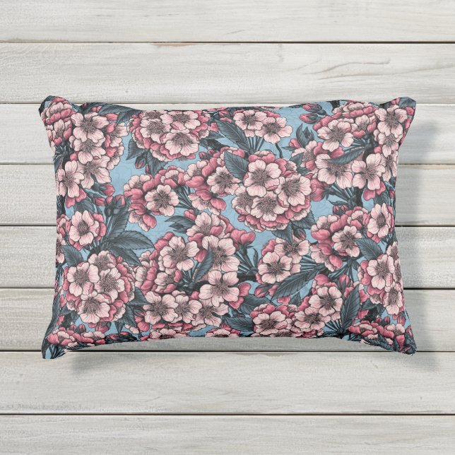 Kirschblüte in Rosa und Blau Kissen Für Draußen (Vorderseite)