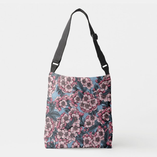 Kirschblüte in Rosa und Blau Tragetaschen Mit Langen Trägern (Vorderseite)