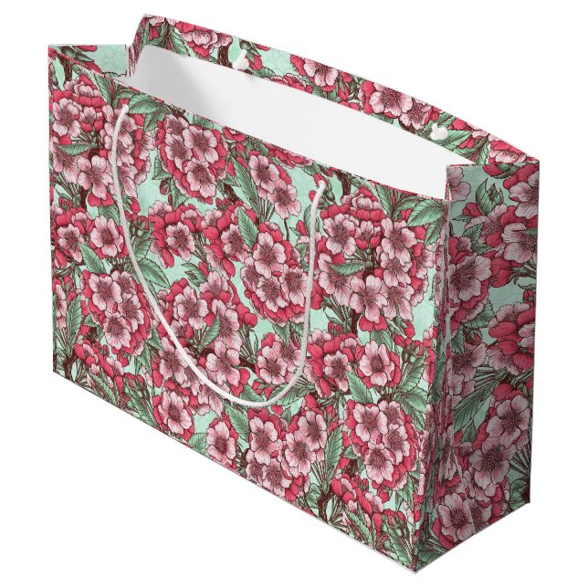 Kirschblüte in Rosa und Minze Große Geschenktüte (Rückseite Schrägansicht)