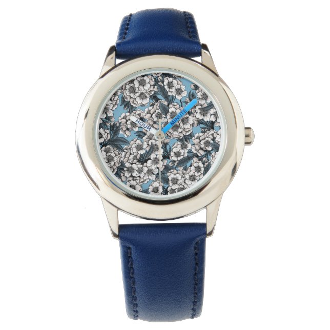 Kirschblüte in weiß und blau armbanduhr (Vorderseite)