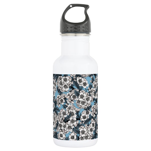Kirschblüte in weiß und blau edelstahlflasche (Vorderseite)