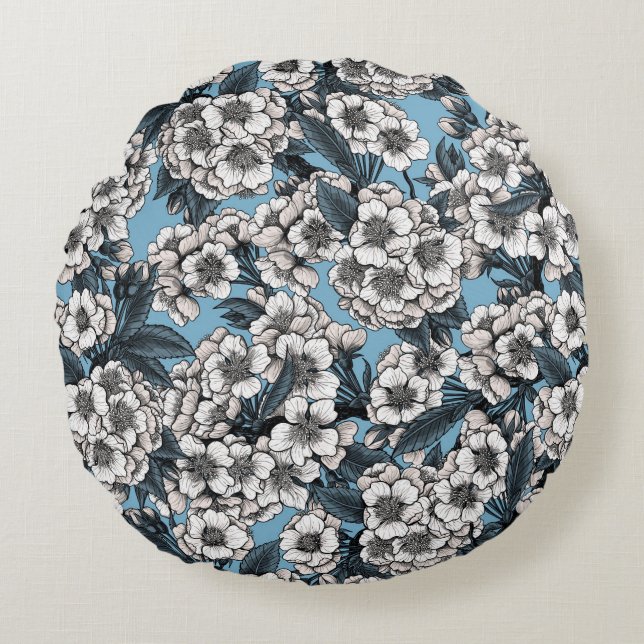 Kirschblüte in weiß und blau rundes kissen (Vorderseite)