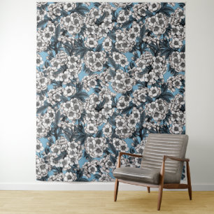 Kirschblüte in weiß und blau wandteppich