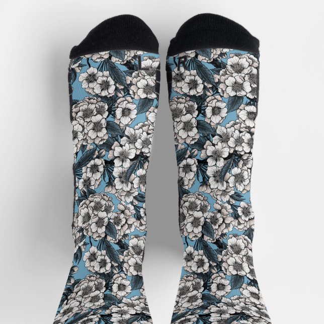Kirschblüte in weißem und blauem drahtlosem Ladege Socken (Oben)